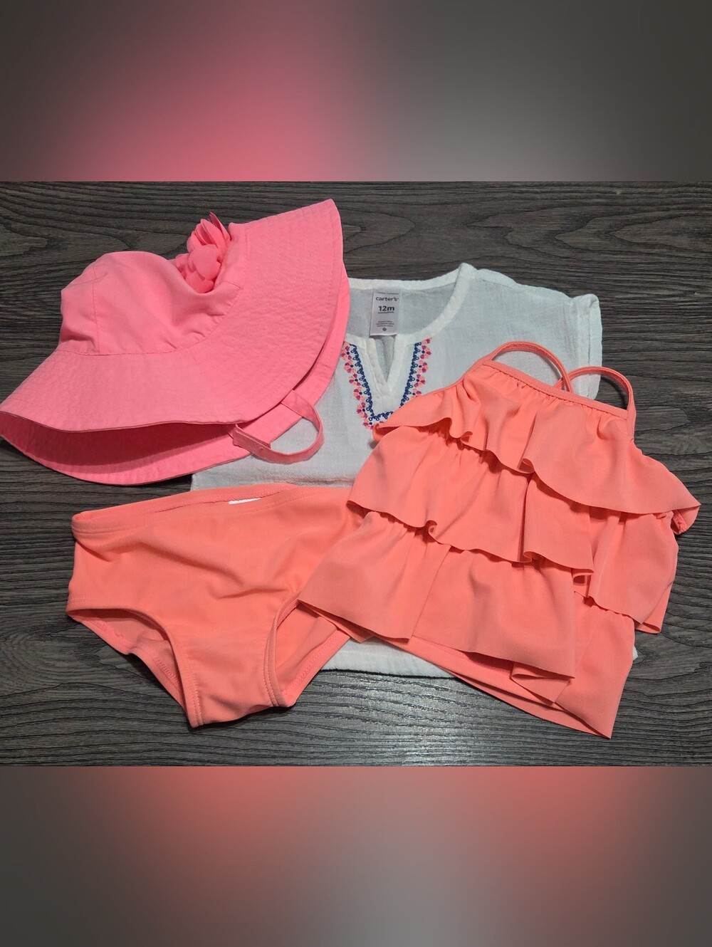 Carter's Coral-Pink Ruffle Tankini Set with Embroidered Cover-Up and Hat